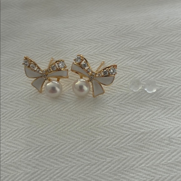 Gold Bow Pearl Earrings | Sterling Silver Posts | Affordable Gift for Her - Picture 2 of 7